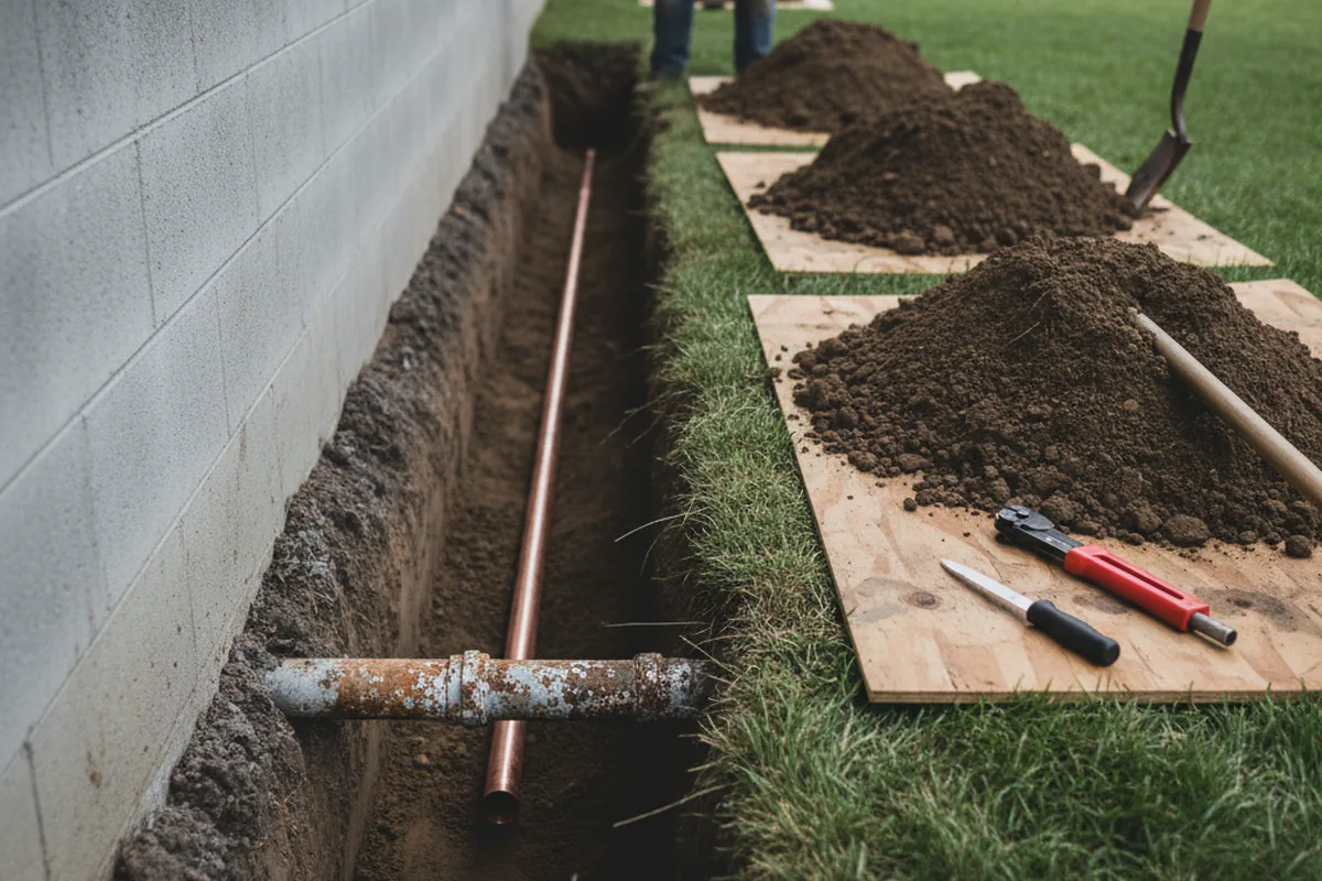 Excavated water line trench during Sewer Line Repair in Graham